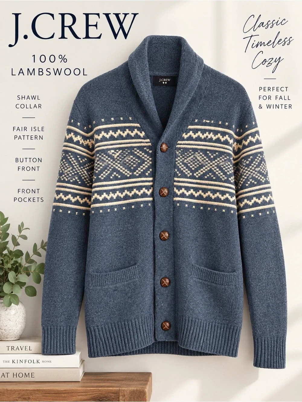 J. Crew 100% Lambswool Fair Isle Shawl Collar Cardigan Sweater Blue M
